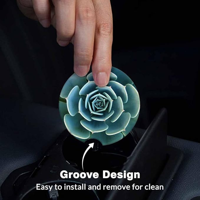 Green Plant Car Coasters for Cup Holders Cute Plump Rustic Car Cup Holder Coasters 2 Pack for Car, Anti Slip Ceramic Car Cup Mat with Finger Notch Cute Car Interior Accessories for Women Men