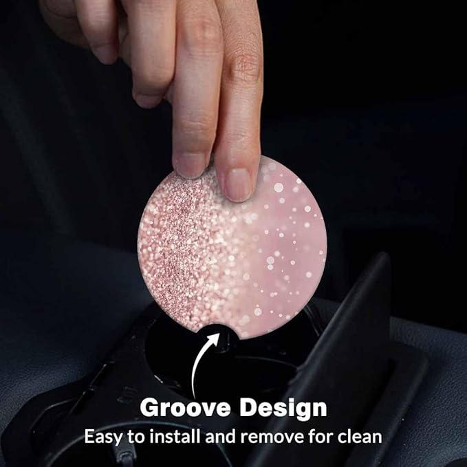Rose Gold 2 Pack Car Cup Holder Coaster Luxury Glitter Hazy Dreamlike Anti Slip Insert Absorbent Ceramic Car Coaster with Cork Base and Finger Notch Cute Car Accessories Interior for Women Men