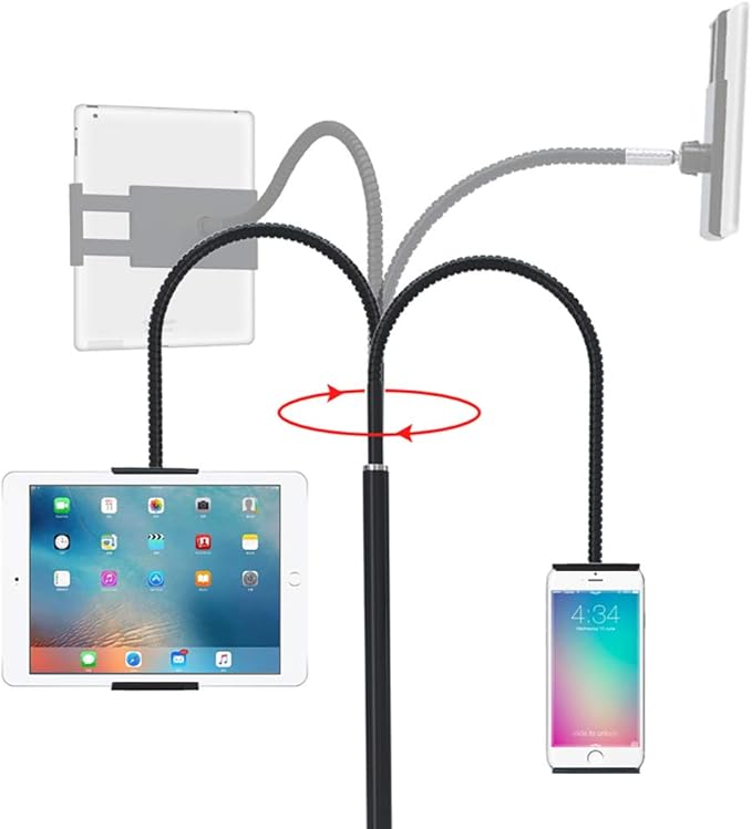 Tablet Floor Stand with Flexible Gooseneck and Stable Aluminum Base Suitable for 3.5” - 10.6” Smart Phone & Tablet Black