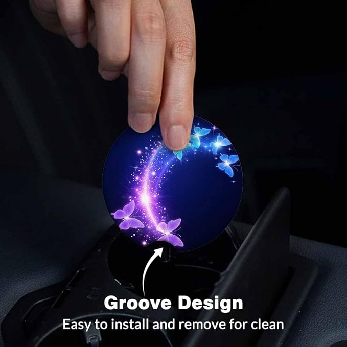 Purple Blue Butterfly Car Cup Holder Coaster 2 Pack Absorbent Ceramic Car Coasters for Cup Holders Car Accessories Interior for Women Men Universal Anti Slip Cork Base Cup Coasters with Finger Notch