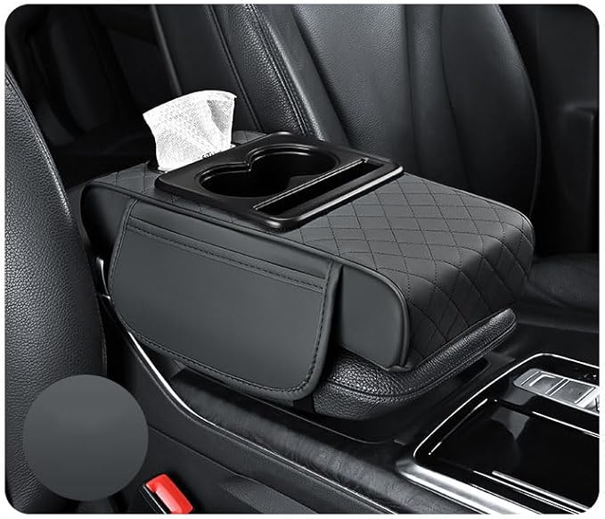 XUKEY Multifunctional Pu Leather Car Armrest Box Mat Car Armrest Cushion 5-in-1 Center Console Cover Pad with 2 Storage Bags Cup Holder, Tissue Box Slot, Phone Slot for Most Cars (Gray)