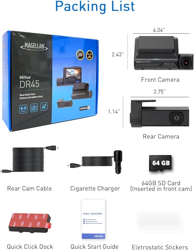 MAGELLAN DR45 2-Channel Dash Cam, Night Vision, Front & Rear True 4K + 2K Camera for Cars, STARVIS 2 IMX678 IMX675, Strong Mount, GPS, Wi-Fi, App Control, Parking Mode, 2.7" IPS, 64GB Card Included