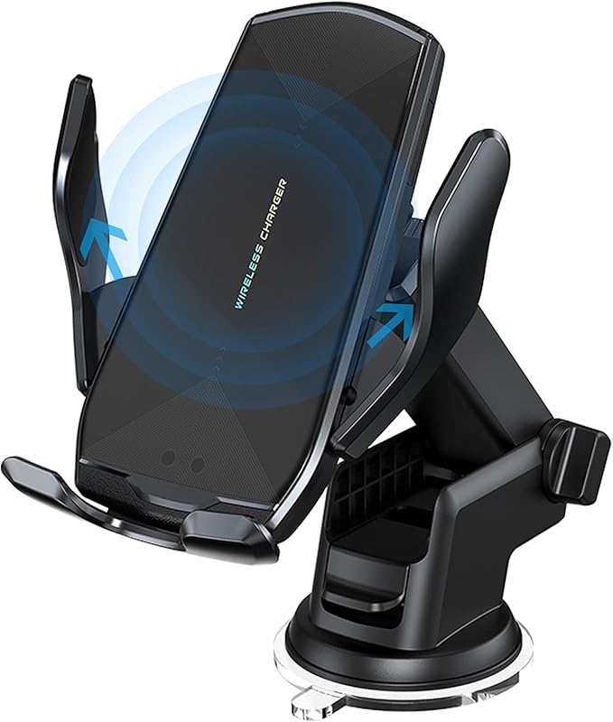 Wireless Car Charger Mount, 15W Qi Fast Charging Auto-Clamping Cell Phone Car Holder Air Vent Windshield Dashboard Long Arm Suction Cup Car Phone Mount for iPhone13 /12/11 Samsung S20/S10/S9/S8 LG