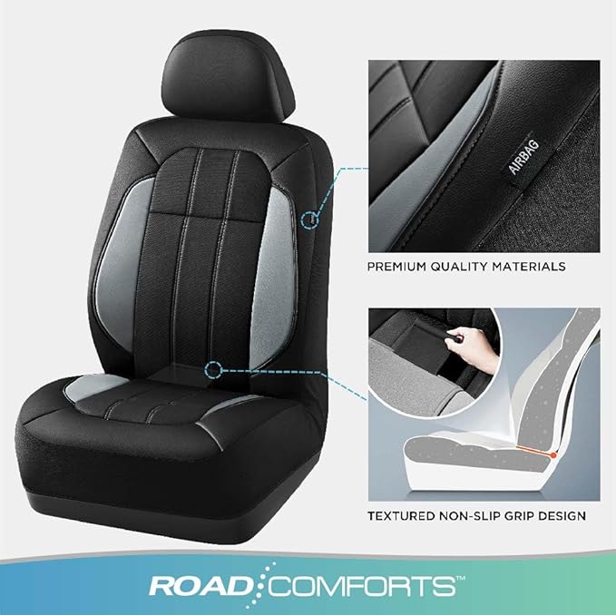 Road Comforts Car Seat Covers, Breathable Leather Seat Covers, Car Seat Covers Full Sets Airbag Compatible, Automotive Seat Covers for Most Cars, Vans, Trucks, SUV - Gray