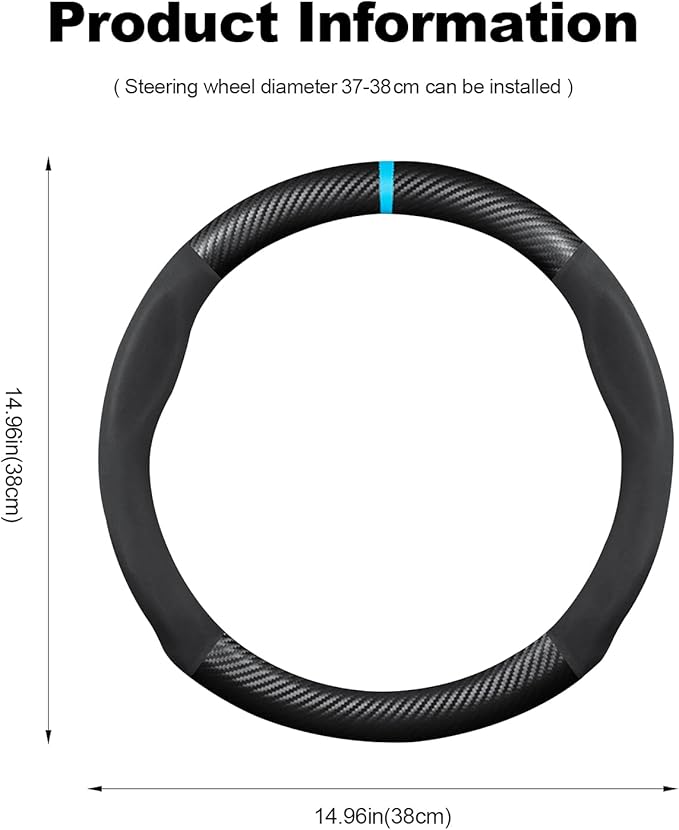 Ergocar Round Shape Carbon Fiber & Microfiber PU Leather Steering Wheel Cover Anti-Slip Car Steering Wheel Protector Breathable Sweat Absorbent Sport for Diameter 38cm(15")-Black Blue