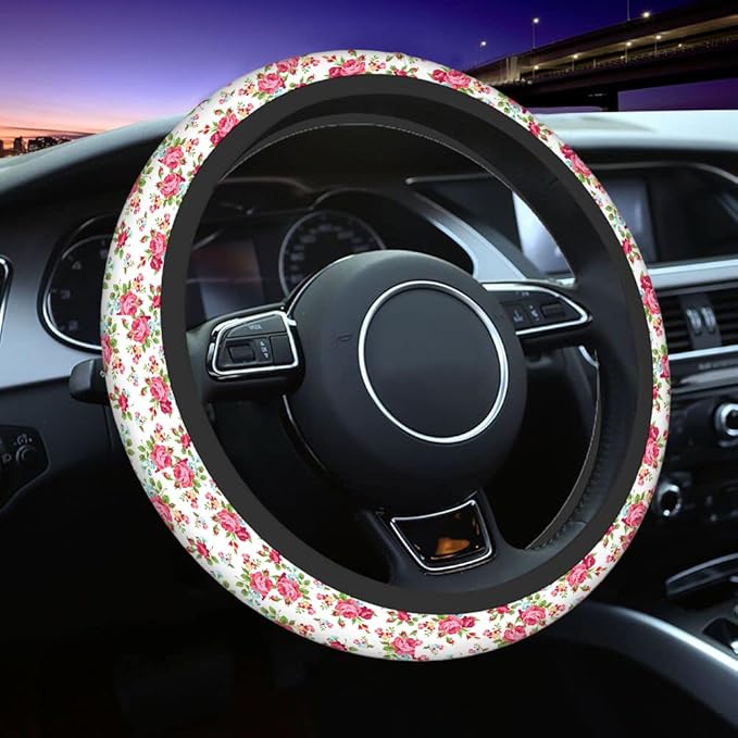 Swono Rose and Leaves Pink Car Steering Wheel Cover Universal 15 Inch with Grip Contours Beautiful Floral Pattern with Red Rose Neoprene Auto for Men and Women Non-Slip Breathable Soft