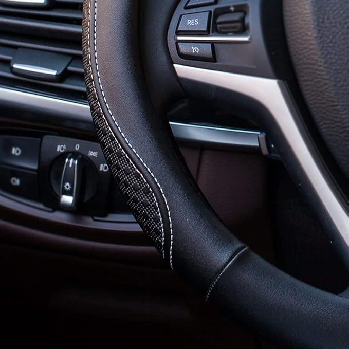 Valleycomfy Leather Steering Wheel Covers Universal 15.75 inch -Breathable, Anti Slip & Odor Free (Black with White Lines,L(15" 1/2-16"))