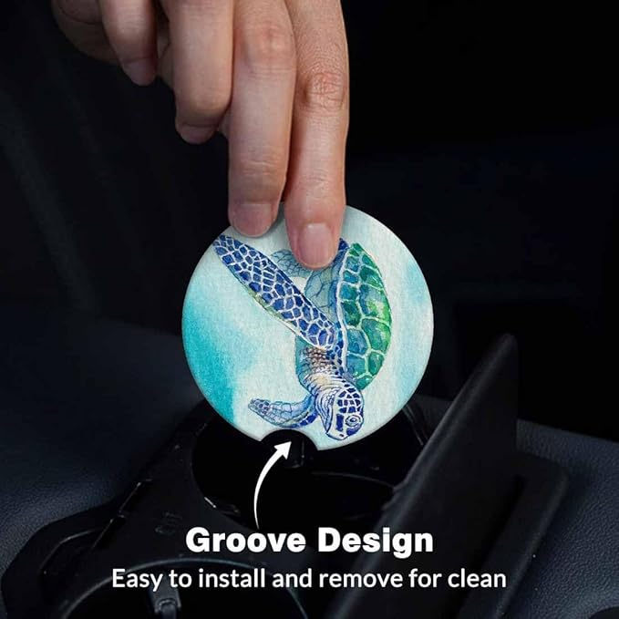 Sea Turtle Car Coasters for Cup Holders Ocean Wildlife Animals Car Cup Holder Coasters 2 Pack for Car, Anti Slip Ceramic Car Cup Mat with Finger Notch Cute Car Interior Accessories for Women Men