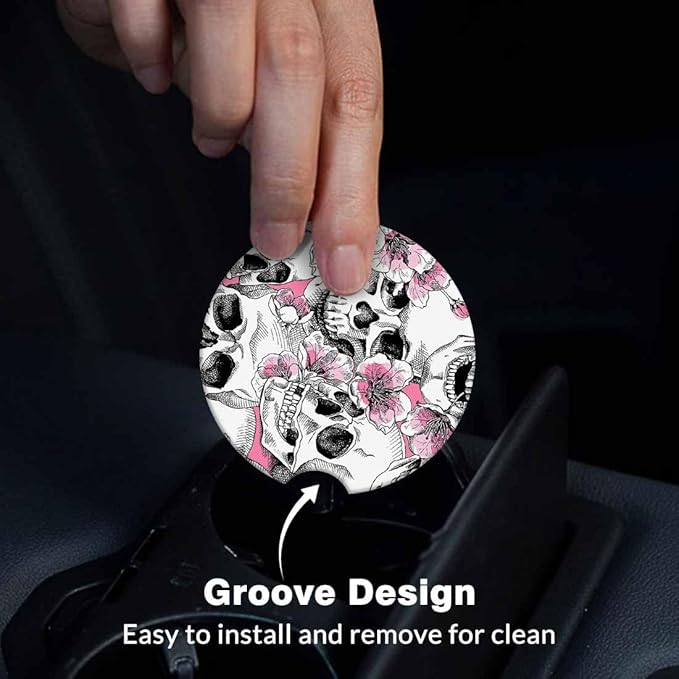Skull and Flowers Car Cup Holder Coaster 2 Pack Absorbent Ceramic Car Coasters for Cup Holders Car Accessories Interior for Women Men Universal Anti Slip Cork Base Cup Coasters with Finger Notch