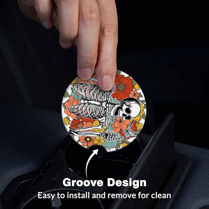 Skeleton Wildflower Car Cup Holder Coaster 2 Pack Absorbent Ceramic Car Coasters for Cup Holders Car Accessories Interior for Women Men Universal Anti Slip Cork Base Cup Coasters with Finger Notch