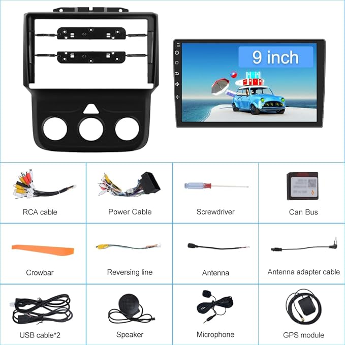 2GB+64GB Car Radio for Dodge Ram 1500 2500 3500 2013-2019,Wireless Wire CarPlay/Android Auto GPS DSP RDS,Upgrade BT 5.0 WiFi 5G and 9" HD IPS Display Rearview AM/FM Stereo Manual AC
