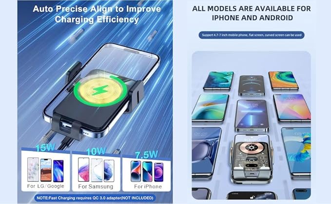 Wireless Car Charger Mount, 15W Fast Charging Auto Clamping Car Charger Holder for iPhone/Samsung for iPhone 16 15 14 13 12 11 Pro,Samsung Galaxy S25 S24 Ultra S23 S22 S21 S20