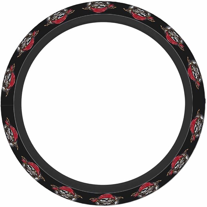 Skeleton Pirate Crew Steering Wheel Cover Wearing Red Hat and Holding Sword Steering Wheel Cover Women Men Anti-Slip Breathable Steering Wheel Protector Car Accessories