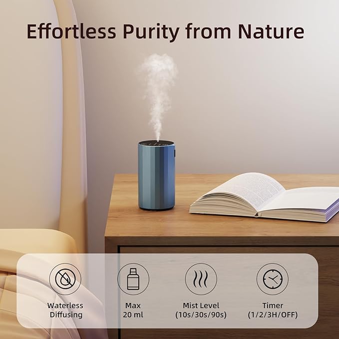 Waterless Essential Oil Diffuser Aromatherapy Scent Diffusers for Home Large Room, Bedroom, Car, Office, Desk, Battery Operated Mini Portable Air Freshener, 3 Countdown Timers & 3 Mist Levels