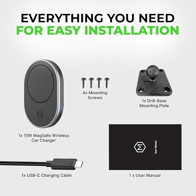 Wireles Charger Magnetic Phone Mount - Car Cell Phone Holder with AMPS Mounting Plate - Stand Compatible with iPhone 14/15/16/17/Samsung, Fast Charging (Drill Base AMPS Plate)