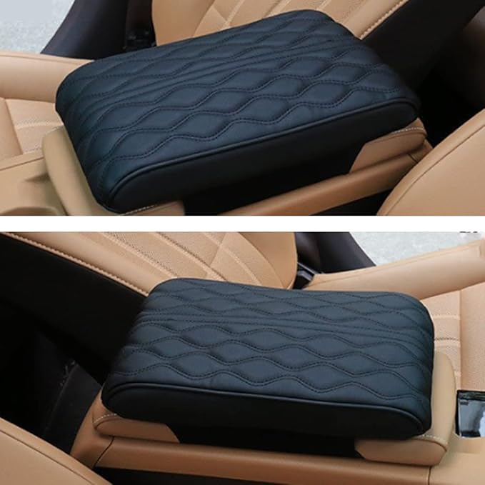 soputry Leather Car Armrest Box Pad, 2023 New Car Center Console Cover Pad Leather Auto Armrest Cover, Universal Arm Rest Cushion Pads for SUV/Truck/Vehicle (Black, Wave Pattern)