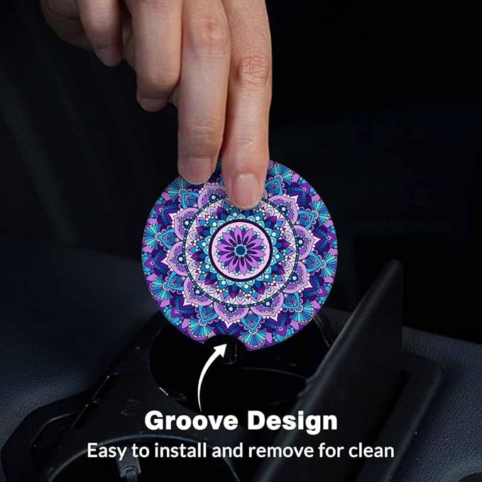 Purple Mandala 2 Pack Car Cup Holder Coaster Abstract Flower Pattern Anti Slip Insert Absorbent Ceramic Car Coaster with Cork Base and Finger Notch Cute Car Accessories Interior for Women Men