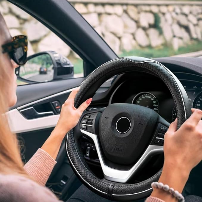 Rueesh Microfiber Leather Steering Wheel Cover Anti-Slip Matte Finish Auto Car Wheel Cover Universal 15 Inch Wheel Cover for Car Embossing Pattern (M (14.5"-15" Diameter), White Line)