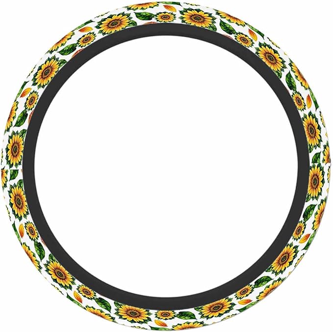 Watercolor Sunflower with Yellow Petals and Green Leaves Steering Wheel Cover Steering Wheel Cover Women Men Anti-Slip Breathable Steering Wheel Protector Car Accessories