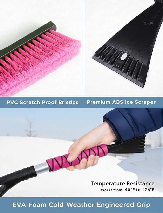 27" Car Snow Brush and Ice Scrapers for Car Windshield (2 Pack), Window Scraper with Ergonomic Foam Grip, Snow Removal for Car, Must Have Winter Car Accessories (Green and Pink)