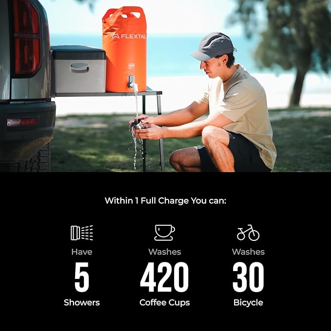 FLEXTAILGEAR Camping Shower Bucket with Built-in Electric Pump, Portable Camp Shower, 5 Gallons Rechargeable Pressure Outdoor Shower Bag, Large Water Inlet