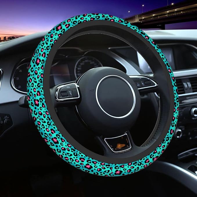 Swono Leopard Skin Steering Wheel Cover Abstract Blue Pink Leopard Spots Fur Anti-Slip Car Wheel Wrap Compatible with Most Auto Cars Trucks with 15 Inch Steering Wheels