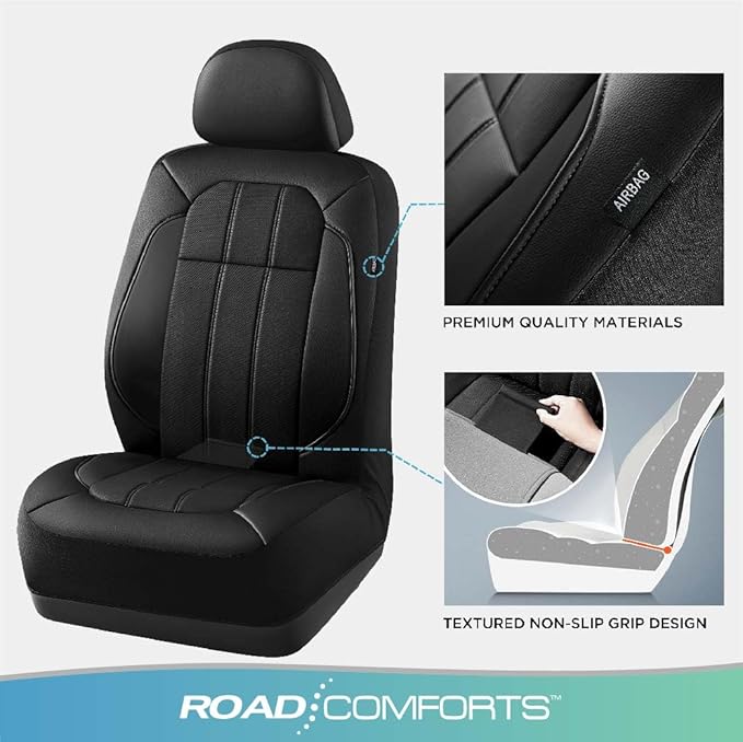 Road Comforts Car Seat Covers, Breathable Leather Seat Covers, Car Seat Covers Front Seats Airbag Compatible, Automotive Seat Covers for Most Cars, Vans, Trucks, SUV-Black