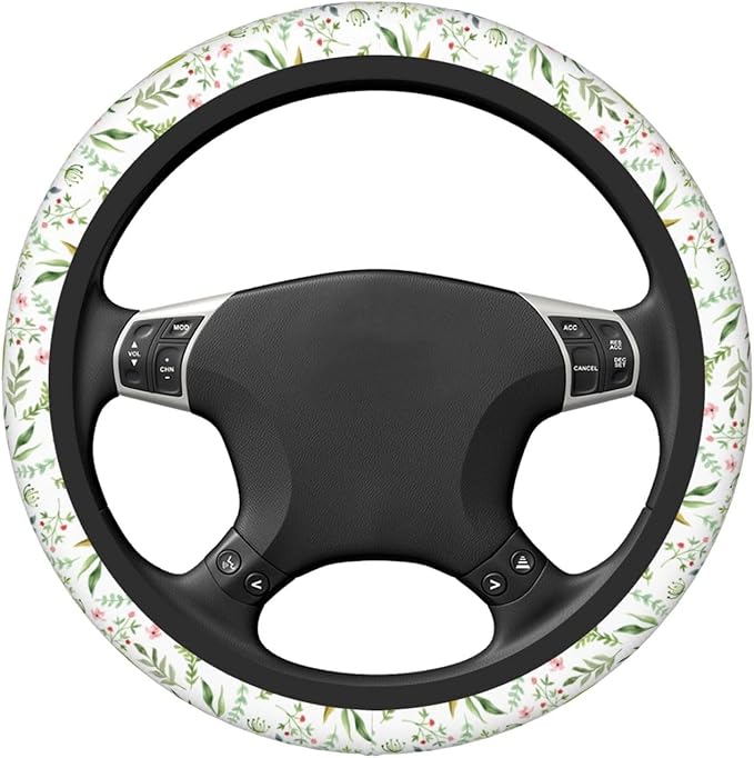 Flowers Leaves Steering Wheel Cover for Women Elastic Rubber Steering Wheel Universal 15 Inch Fit for Cars, Auto, SUVs