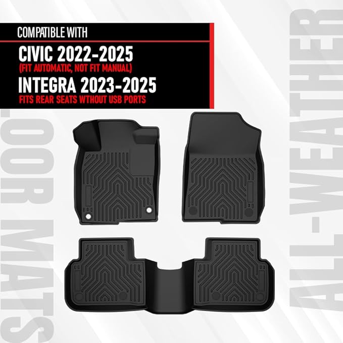 ANDPLAY TPE Floor Mats Liners Compatible with Honda Civic 2022-2025/ Acura Integra 2023 2024 2025(Fit Rear Seats Wthout USB Ports) All Weather Protection Black Floor Liners alfombras para carro