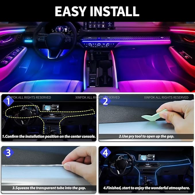 Ambient Lighting Car led Lights Interior, 43.3'' USB Powered Acrylic Neon Flexible Strip Model y Ambient Lighting kit with Remote APP,Dynamic RGB 2 in 1 Music Lights Sync for Inside car Decorations