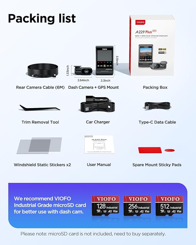 VIOFO A229 Plus Dash Cam Front and Rear, Dual STARVIS 2 Sensors, 2 Channel HDR, 1440P+1440P Voice Control Car Dash Camera, 5GHz Wi-Fi, Voice Control, Ultra-Precise GPS (SD Card Not Included)