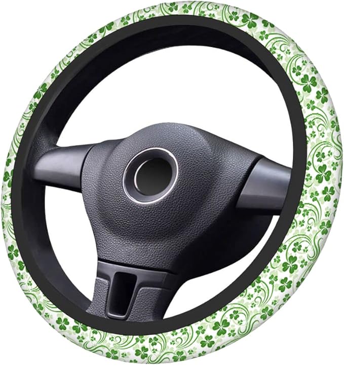Swono Saint Patrick Day Shamrock Steering Wheel Cushion Case Abstract Flower Clover Leaf Lucky Irish Neoprene Car Steering Wheel Covers 15 Inch Anti Slip Compatible Auto Car Wrap Cover for Men Women