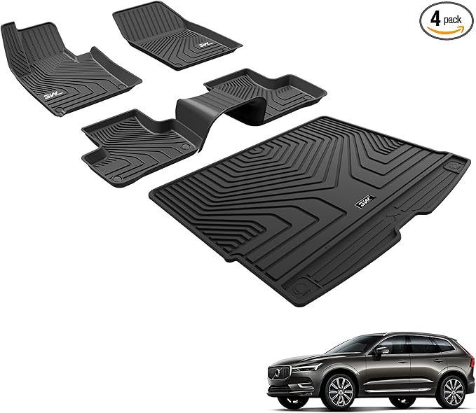 3W Floor Mats & Cargo Liner Fit Volvo XC60 2018-2024 2025 2026 (Not For Hybrid or PHEV) TPE All Weather Custom Fit T5 T6 Momentum Full Set Harmless Heavy Duty Floor Liner and Trunk Mat Car Accessories
