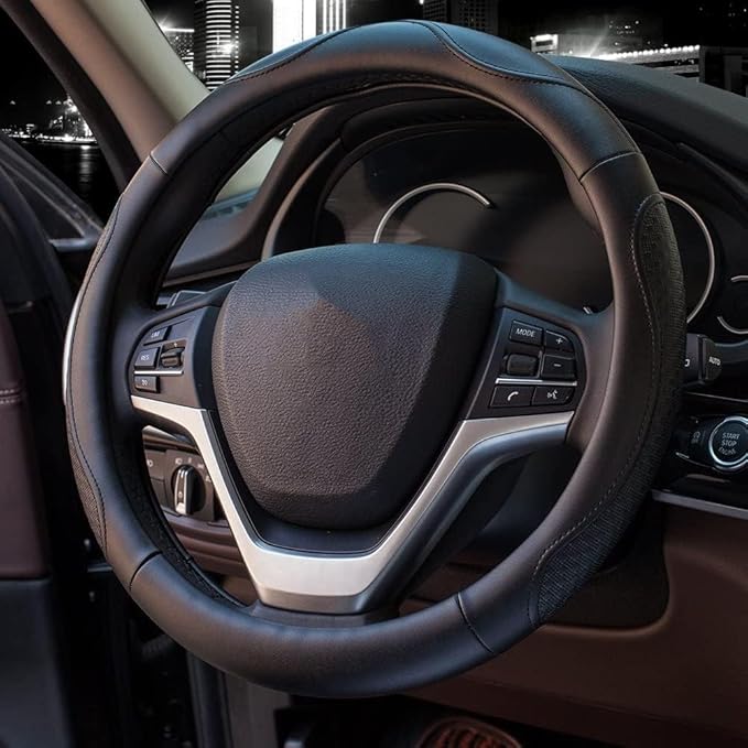 Valleycomfy Leather Steering Wheel Covers Universal 15.75 inch -Breathable, Anti Slip & Odor Free (Black with Black Lines,L(15" 1/2-16"))