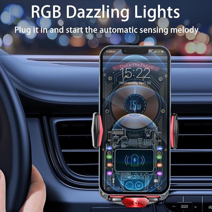 Wireless Car Charger Mount,Phone Holder,15W Fast Charging, Air Vent Clamp,Auto Clamping,360° Rotating Ball Joint,Transparent Case,Compatible with iPhone 16/15/14/13/12/11/10, Samsung Galaxy Series