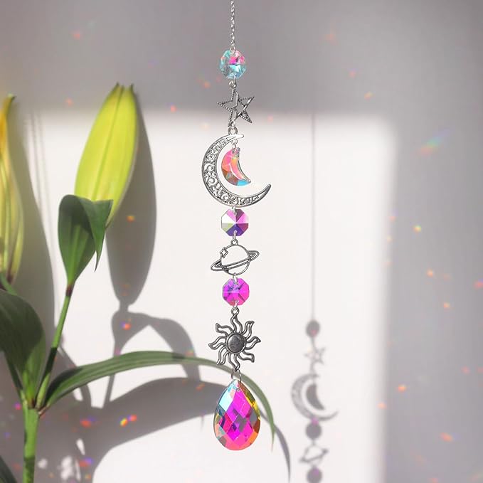 Colorful Crystal car Mirror Hanging Accessories,Car Charm,Rear View Mirror Hanging Decors, Gifts for Women (Moon-A)