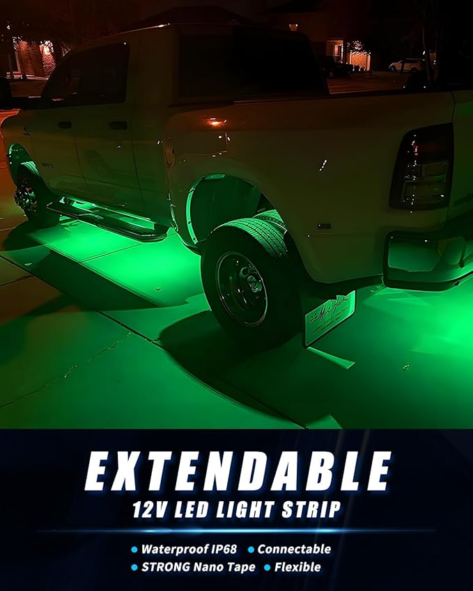 12V Led Light Strip 18" Connectable Green LEDs Strip Lights for Car Motorcycle Golf Cart Automotive Trucks Boat Marine Waterproof Led Light Strip, 4Pack