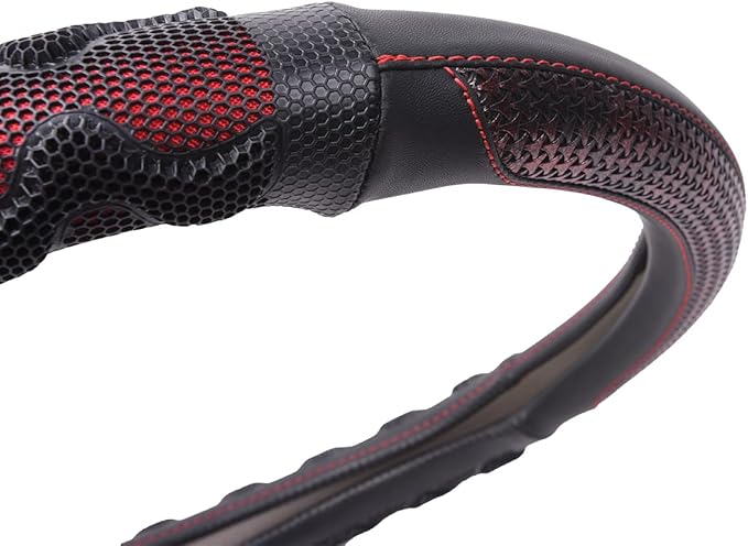 Flying Banner car Steering Wheel Cover Faux Leather Massage Universal fit 3D Honeycomb Hole Anti-Slip Sporty 15 Inches (Red with Black)