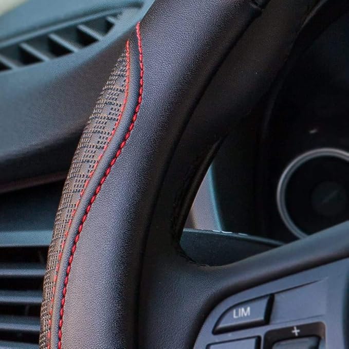 Valleycomfy Leather Steering Wheel Covers Universal 15.75 inch -Breathable, Anti Slip & Odor Free (Black with Red Lines,L(15" 1/2-16"))