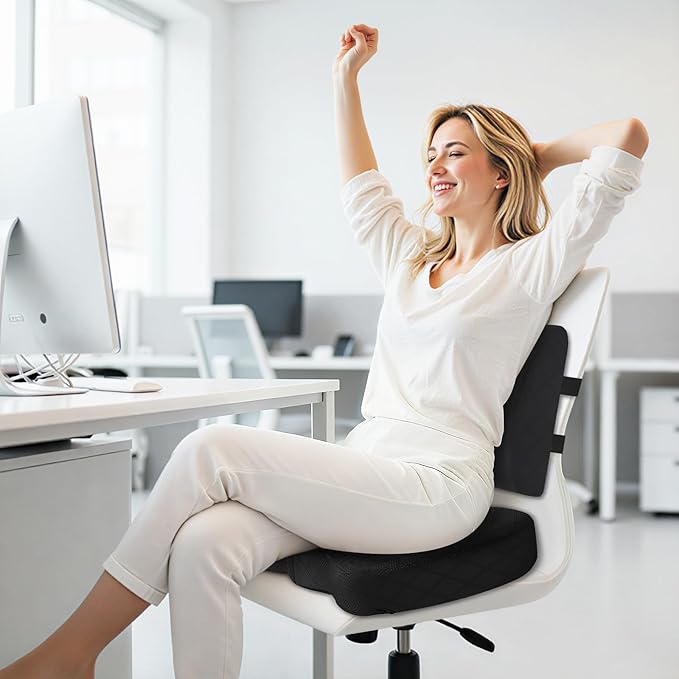 TushGuard Back&Seat Cushion, Car Seat Office Chair Cushions, Breathable Memory Foam Lumbar Back Support Pillow, Portable Airplane Seat Cushion for Travel, Computer Desk, Wheelchair, Driving (Black)