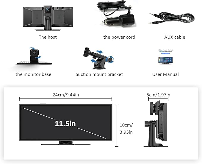 Largest 11.5"Wireless Apple CarPlay Screen for Car–Portable Carplay & Android Auto Touchscreen Car Stereo with App Control, 4K Dash Cam, Backup Camera, GPS, Mirror Link, Voice Control,for All Vehicles