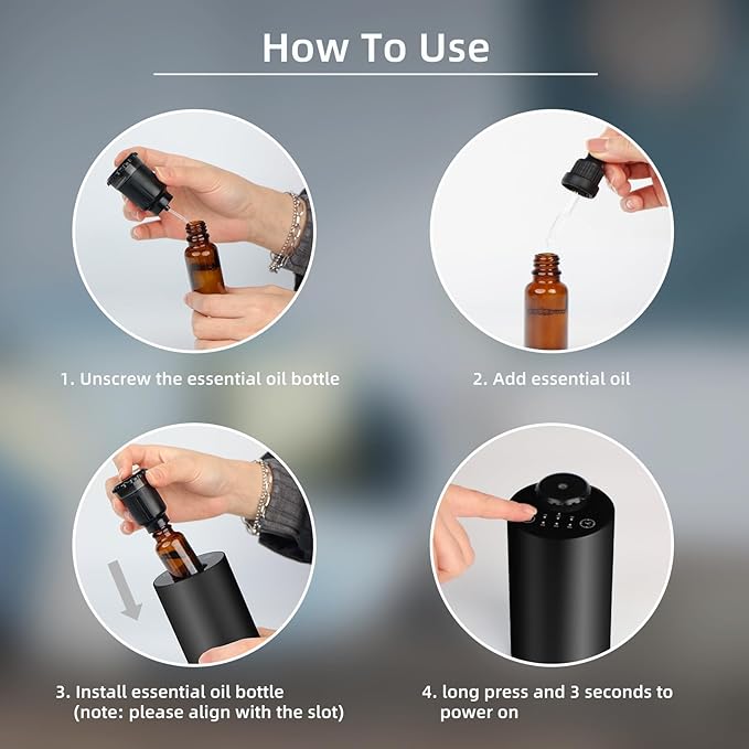 Waterless Essential Oil Diffuser with 4 * 20mL Hotel Scent Fragrance Oil, Battery Operated Mini Scent Air Machine Portable Diffuser for Home Car Office