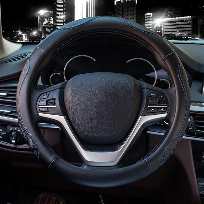 Valleycomfy Leather Steering Wheel Covers Universal 15.75 inch -Breathable, Anti Slip & Odor Free (Black with Blue Lines,L(15" 1/2-16"))