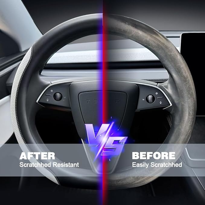 Tesla Model 3 and Model Y Steering Wheel Cover, Comfortable, Non-Slip, Breathable, Black and White Nappa Leather