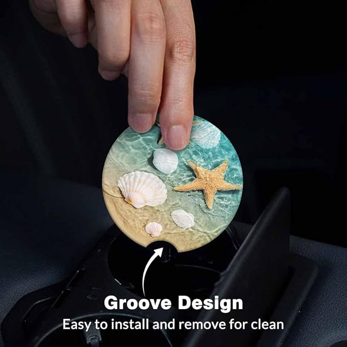 Starfish and Seashel Car Coasters for Cup Holders Car Cup Holder Coasters 2 Pack for Car, Anti Slip Ceramic Car Cup Mat with Finger Notch Cute Car Interior Accessories for Women Men