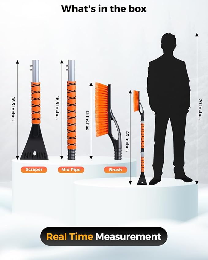 EcoNour 43" Ice Scrapers for Car Windshield | 3 Parts Detachable Telescopic Snow Brush for Car, Trucks, SUV | Long Snow Scraper with Brush | Car Winter Accessories