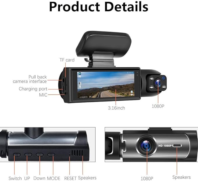 128GB Dash Cam Front and Rear for Cars with Night Vision, 1080P Dual Lens Dash Camera Inside and Outside, 24H Parking Monitor, Motion Detection, Loop Recording, Car Camera with Audio