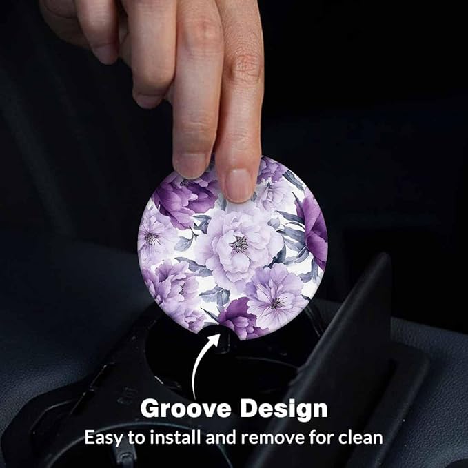 Purple Flower Car Coasters for Cup Holders Car Cup Holder Coasters 2 Pack for Car, Anti Slip Ceramic Car Cup Mat with Finger Notch Cute Car Interior Accessories for Women Men