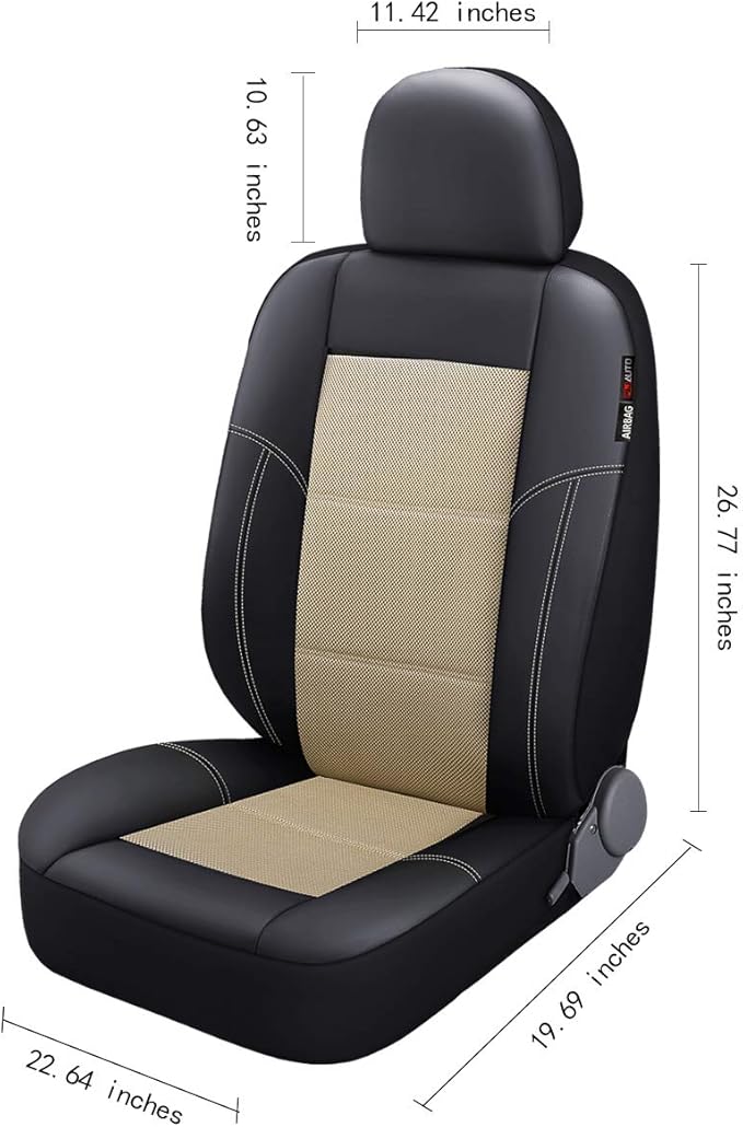P&J AUTO Leather and Mesh Car Seat Cover Front Pair Universal Fit for Cars Trucks Vans & SUVs Airbag Compatible (Beige)