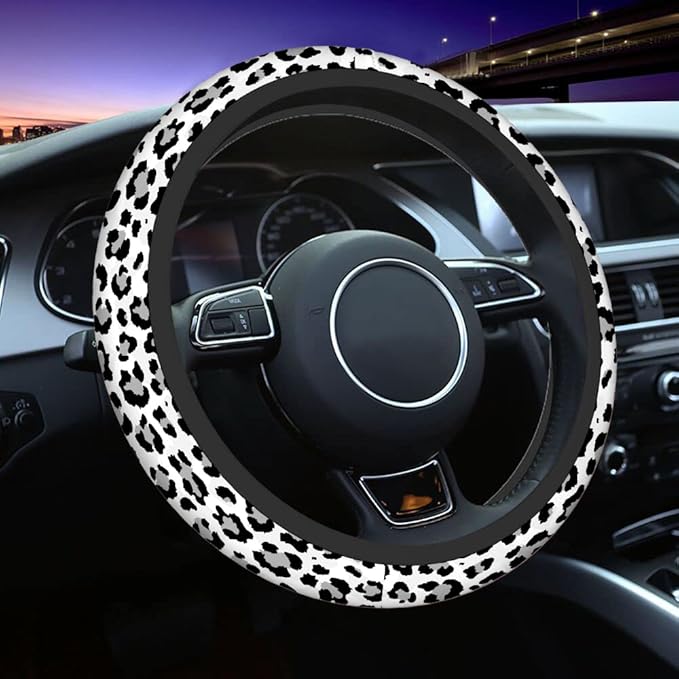 Swono Leopard Print Non-Slip Steering Wheel Cover Wild Animal Snow Leopard Neoprene Car Steering Wheel Covers Grip Automotive Steering Wheel Protector Auto Car Wrap Cover 15 Inch